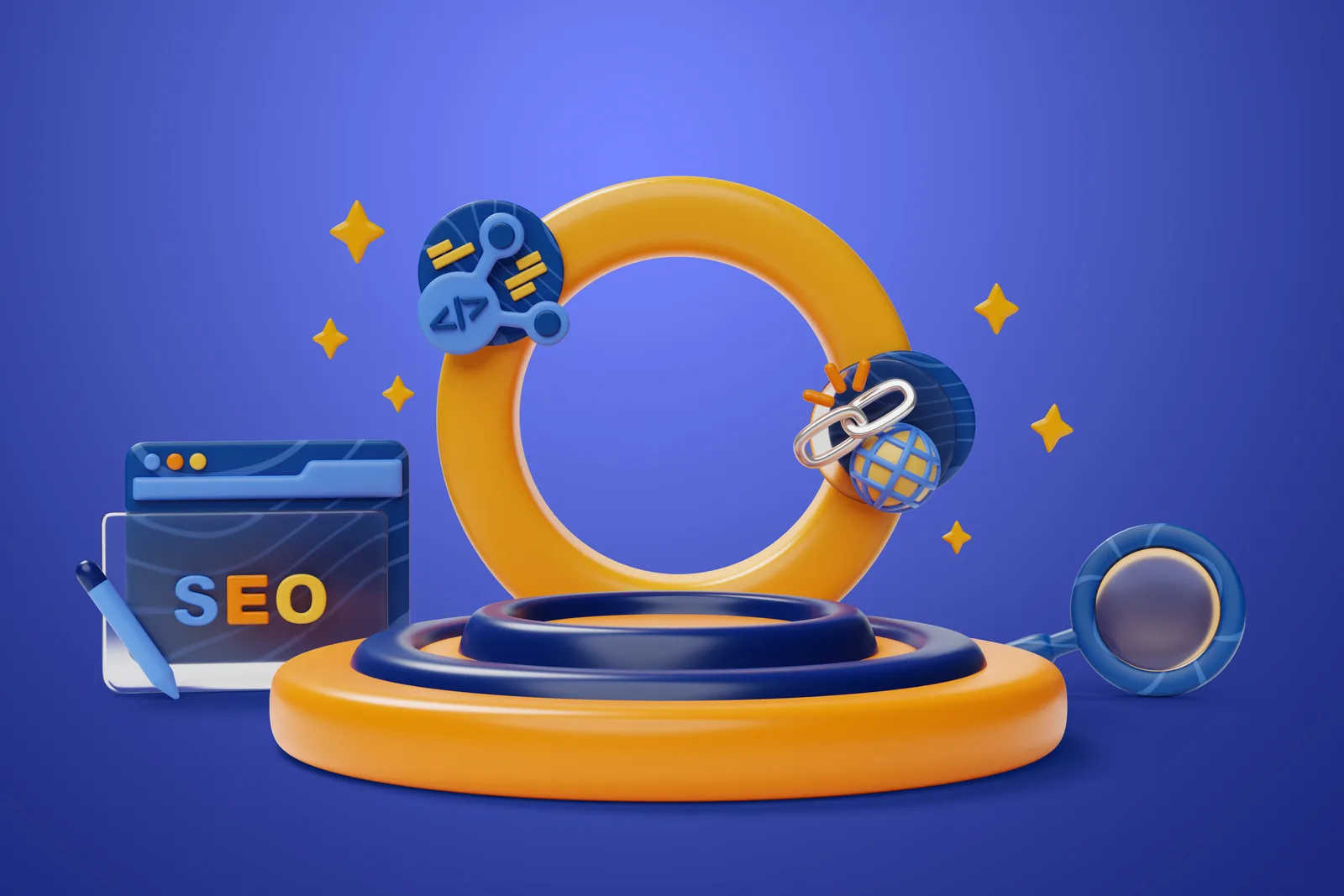 3D илюстрация на SEO, уеб страница, връзки и търсене